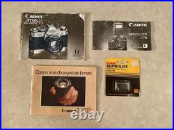 Vintage Canon AE-1 35mm SLR Camera, Telephoto Lens, Flash, Camera Grip, Cases