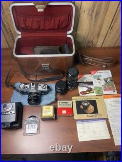 Vintage Canon AE-1 SLR Camera Kit Silver Black with Lenses Flash Accessories
