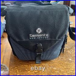 Vintage Canon AV-1 SLR 28mm Camera, Marco Lens, 2 Flashes And Samsonite Bag