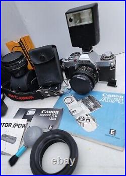 Vintage Canon AV-1 SLR Camera Extra FD Lenses Case Speedlite 133A Motor Winder