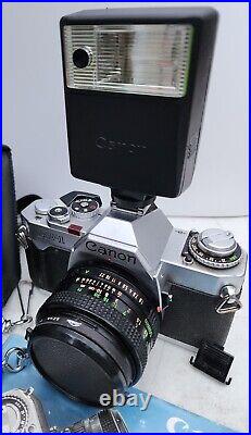 Vintage Canon AV-1 SLR Camera Extra FD Lenses Case Speedlite 133A Motor Winder