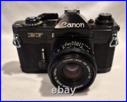 Vintage Canon EF black body 35mm SLR camera with 50mm 1.8 FD lens, extra body