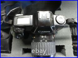 Vintage Canon Eos Rebel 35mm Camera With Strap, Flash Attachment, And Zoom Lens