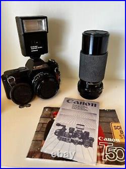 Vintage Canon T50 35mm SLR Film Camera with 2 Lenses and Flash Untested