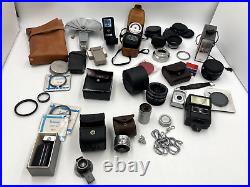 Vintage Estate Lot of Camera Accessories Leica Agfa Lenses Flash Mounts Meters