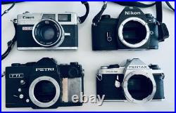 Vintage Film Camera Lot Canon, Pentax, Petri, Nikon, 12 Lenses + Accessories