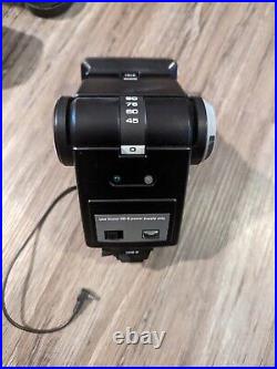 Vintage Konica Autoreflex T Film Camera Lot With Lens 28, 52, 135mm Bag & Flash