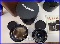 Vintage Minolta SRT 202 35MM CAMERA bundle with3 lenses, Leather case and manual