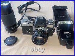 Vintage Minolta XE5 Camera with Original 50mm Lens Flash Vivitar Micro Lens