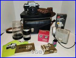 Vintage Nikon F 35mm Camera Lot With 50mm Lens + Extra Lens Flash, Case + More