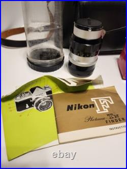 Vintage Nikon F 35mm Camera Lot With 50mm Lens + Extra Lens Flash, Case + More