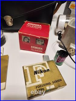 Vintage Nikon F 35mm Camera Lot With 50mm Lens + Extra Lens Flash, Case + More