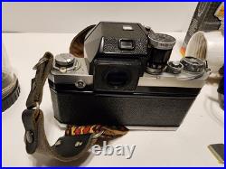 Vintage Nikon F 35mm Camera Lot With 50mm Lens + Extra Lens Flash, Case + More