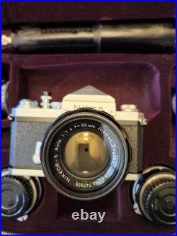 Vintage Nikon F Kit with 3 Lenses and light meter Mirror Stuck / Needs Service