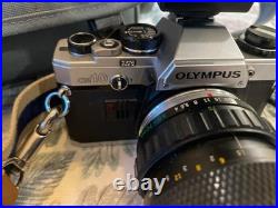 Vintage Olympus OM-10 SLR Camera With flash, 3 Lens, 2 Cases, lens hood & manual