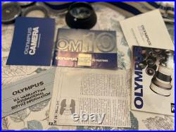 Vintage Olympus OM-10 SLR Camera With flash, 3 Lens, 2 Cases, lens hood & manual