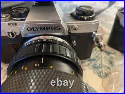 Vintage Olympus OM-10 SLR Camera With flash, 3 Lens, 2 Cases, lens hood & manual