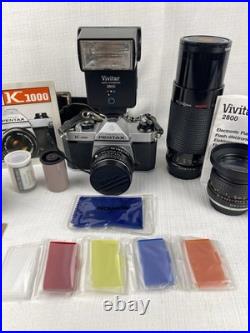 Vintage Pentax K1000 35mm Film Camera Kit With Multiple Lenses, Flash, Case Bundle