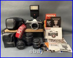 Vintage Pentax ME Super 35mm SLR Camera with 35mm, 50mm, 135mm Lenses, Flash READ