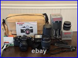 Vintage Pentax MG 35mm SLR Camera With 4 Lenses, Case, Flash OG Boxes Works Well