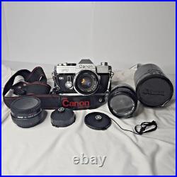 Vtg Canon FT QL 35mm SLR Film Camera with FL 50mm f1.8 + FD 28mm Lens TESTED Kit