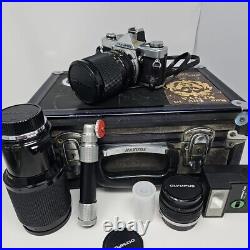 Vtg Olympus OM-1 35mm Film Camera Body 3 Lenses Hakuba Vivitar JAPAN WORKS