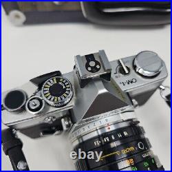 Vtg Olympus OM-1 35mm Film Camera Body 3 Lenses Hakuba Vivitar JAPAN WORKS