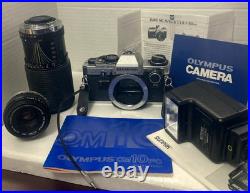 Vtg Olympus OM 10 FC 35mm Camera 2 Lens Zuiko11.8 f50m Sears 202 f=70-210 Flash