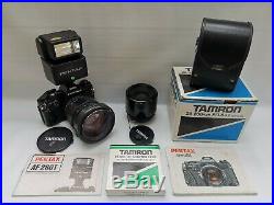 Vtg Pentax Super A 35mm SLR Film Camera & 2X Tamron 90mm Lens + 28-200 & Flash