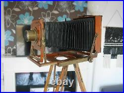 Wooden half plate camera brass lens wood tripod large format folding field